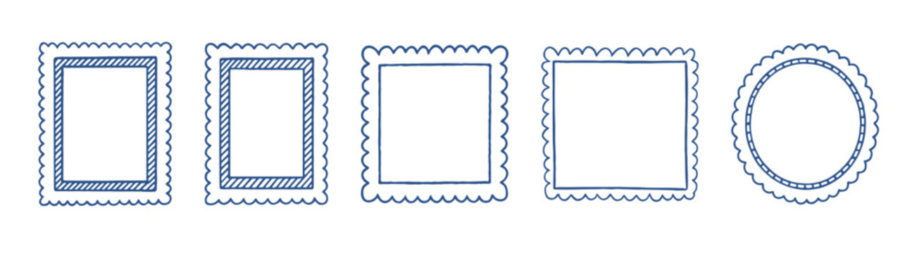 Hand drawn whimsical and vintage borders for greeting cards, wedding and birthday invitations. Wavy doodle frames in cute coquette coastal style on transparent background.