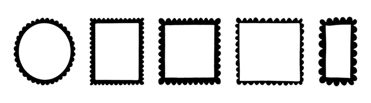 Vintage stamp frame set with black hand drawn borders in round and square shapes on transparent background