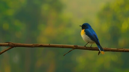 Bright Blue and Yellow Bird Perched on a Thin Branch in Natural Forest Setting