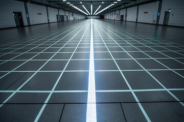 Vast exhibition hall with grid floor and dramatic lighting