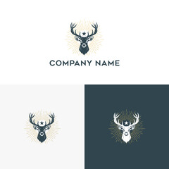 Retro Deer Head Emblem with Starburst Rays, Majestic Wildlife Emblem Design for Branding