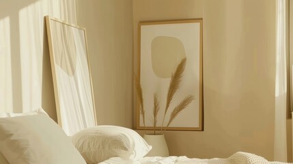 Bright Minimalist Bedroom with Neutral Tones and Abstract Wall Art