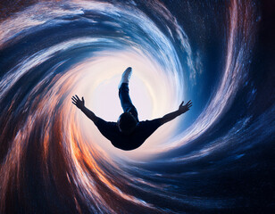 Silhouette of Person Falling Towards a Bright Cosmic Vortex