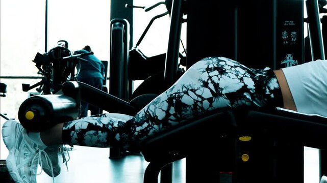 The woman is performing a lying leg curl exercise on a fitness machine