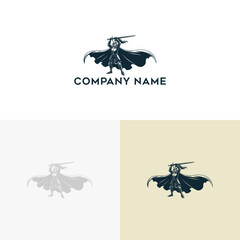 Heroic knight in full armor with a raised sword and flowing cape. A powerful emblem of strength, valor, and protection for a brand identity