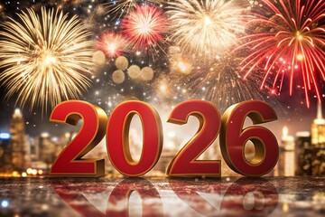 Happy new year 2026 with fireworks over city skyline