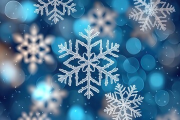 Blue bokeh snowflake close-up, white silver ice crystals, winter magic, festive vibe