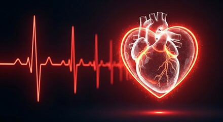 Glowing Red Heart and Heartbeat EKG on Dark Background human heart anatomy