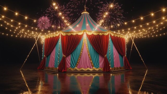 A dazzling circus tent glows under the night sky, surrounded by twinkling lights and bursts of colorful fireworks, creating a scene of festive wonder and grand spectacle