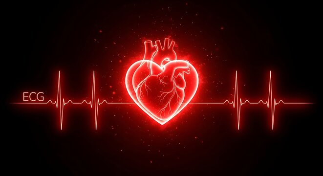Glowing Red Human Heart with ECG Line on Black Background cardiology medical