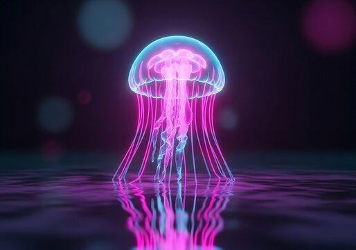 Surreal neon jellyfish hovering over a reflective liquid surface