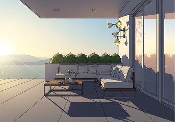 Serene sunrise view from a modern terrace with stylish outdoor furniture