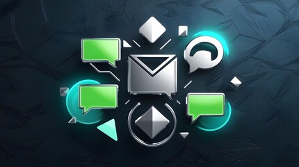 Green message communication icons displayed around central envelope on sleek futuristic digital interface
