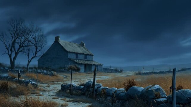 Rural landscape illustration stone house on cloudy day