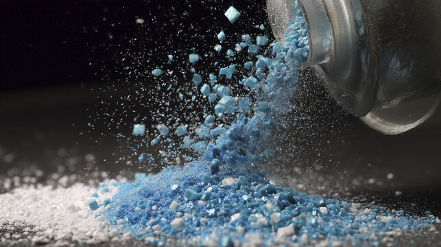 A shaker is tipping over, releasing blue and white crystals onto a dark surface. The crystals scatter and some are suspended in the air, creating a dynamic visual effect that captures movement.