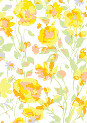 Romantic floral print with wildflowers sketch. Seamless pattern, gentle botanical background with various small flowers. Vector illustration.