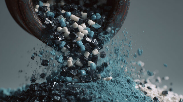 A ceramic container is tilted to pour a mix of blue, black, and white granules onto a surface. The granules scatter, with some particles suspended in the air, illustrating a colorful dispersion