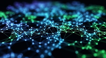 Obraz premium Abstract network connection with blue and green light points on black background