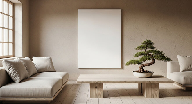 Create a serene modern living space with this minimalist decor and blank canvas for artful expression and peaceful vibes