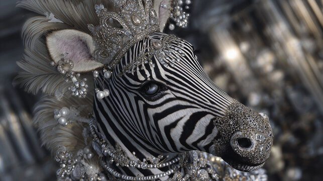A zebra is adorned with an ornate crown and decorative jewelry. Its face is covered in intricate patterns, while feathers and pearls complete the extravagant display against a muted background