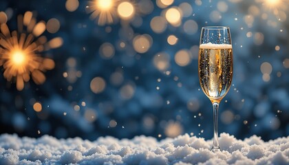 Champagne flute in snow with fireworks. Sparkling wine glass against blue night sky and golden bokeh lights, festive winter holiday and New Year celebration scene.