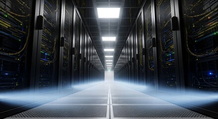 Server room data center with rows of rack servers and bright lights