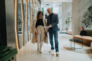 Two professionals stand in a polished office lobby, examining papers.