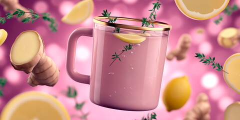 Hot drink with lemon, ginger and thyme in pink glass mug floating among fresh ingredients on glowing pink background