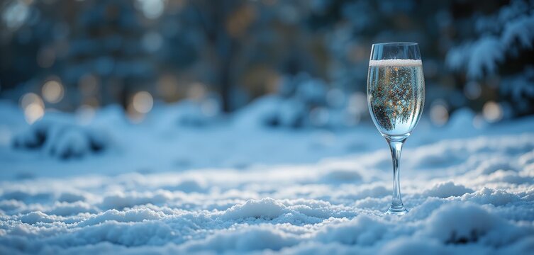 Champagne glass stands in fresh snow. Festive winter celebration drink outdoors. New Year's toast in a serene, cold landscape.