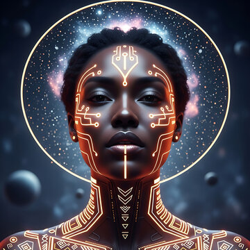 Afro Futurism Golden Queen. generative ai
Afro-futuristic artistic portrait with gold details and a cinematic style.
