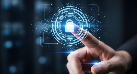 Finger touching a digital padlock icon representing cybersecurity and data protection
