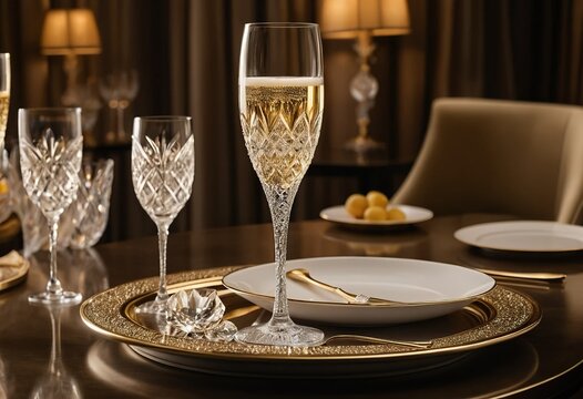 Elegant champagne flute on luxurious dining table. Cut-crystal glasses and gold-rimmed plates create a celebratory setting. Ideal for special occasions and upscale events.