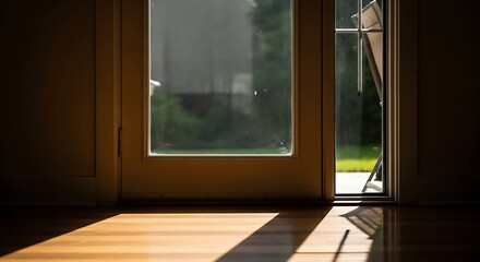 Sunlit doorway with hardwood floor showcasing interior illumination contrast