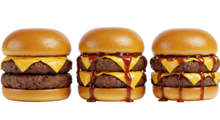 Three gourmet beef cheeseburgers, single, double, triple stacked with grilled patties, melted cheddar, dripping sauce, on a white studio background, macro close-up, concept for premium food