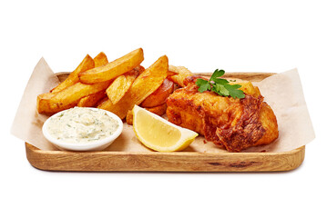 Crunchy fish with chips presentation, Hearty battered seafood served with thick cut fries and garnish