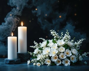 Lit white pillar candles stand beside a beautiful white flower arrangement. A serene, reflective scene against a smoky background, ideal for remembrance, condolence, or meditation themes.
