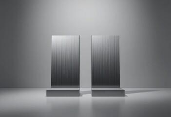 Fototapeta premium Two brushed metal panels stand on minimal pedestals. A clean gray studio environment provides a sleek backdrop. This abstract scene offers generous presentation space.