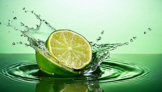 lime splashing into green surface with lime wedge creating water droplets and ripples