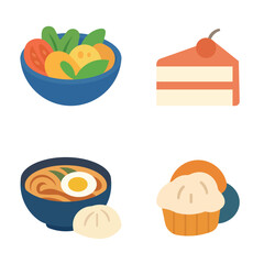 Food Icons Set – Salad Bowl, Cake Slice, Ramen, Dumpling and Muffin Flat Vector Illustration