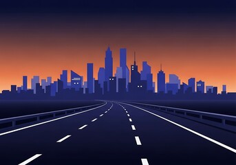 Vector Illustration of a Cityscape at Dusk with Roadway Leading Forward