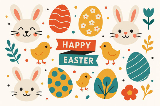 Modern flat Easter vector set with cheerful bunny faces abstract egg designs confetti banners baby chicks and garden motifs bold shapes balanced composition high quality vector finish white background