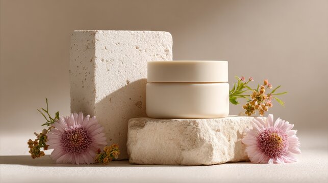 Face cream bottle on stone silver lid translucent scrub skin care product.