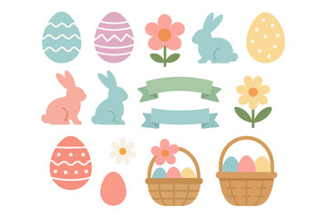 Fototapeta premium High quality Happy Easter vector icon set featuring pastel colored eggs spring flowers bunny silhouettes decorative ribbons and festive baskets clean flat style shapes crisp outlines minimal shading 