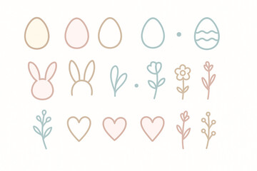 Minimalist Easter outline icon pack featuring simple egg shapes bunny ears floral stems hearts and small decorative dots uniform stroke width monochrome or light pastels clean vector style 