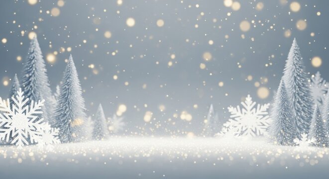 Winterliche Schneelandschaft mit funkelnden Lichtern verschneiten Tannen und gro&szlig;em Textfreiraum ideal f&uuml;r Weihnachtskarten Poster und elegante Festdesigns Generative KI