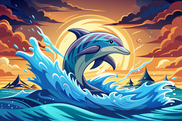 vector of A dolphin leaping from the ocean with dynamic water and lightning, displaying aquatic agility and natural grace, a vibrant scene of marine wildlife.