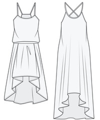womens slip dress flat sketch sleeveless strappy dress vector illustration technical cad drawing template