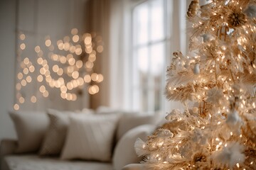 Decorated christmas tree illuminating cozy holiday living room