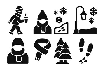 Winter Stroll Icons. Winter stroll with coffee cup. Filled icon set of winter stroll with coffee cup: person
