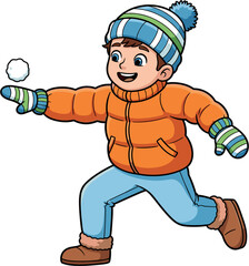 Happy cartoon boy in warm winter clothing throwing a snowball during outdoor play, depicting joyful childhood activities and seasonal fun in cold weather digitally.